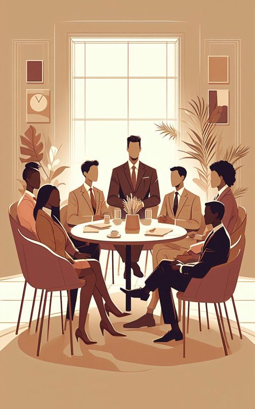 A vertical illustration for a professional leadership program, featuring a small group of 7 diverse (2)